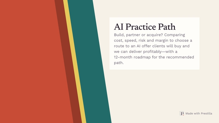 The Turning Edge — Cut-Sheet Study: slide 1 from Choosing How We Build an AI Practice. Actual Prestilla output.